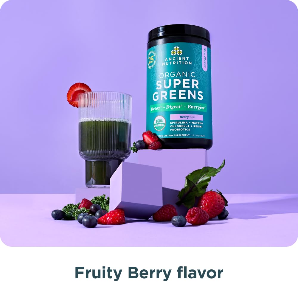 Ancient Nutrition SuperGreens Powder with Probiotics, Organic Berry Flavor Greens, Made from Real Fruits, Vegetables and Herbs, Digestive and Energy Support, 25 Servings, 6.7oz Ancient Nutrition uk supplements