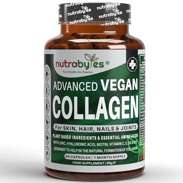 Vegan Collagen Supplement For Skin, Hair, Nails, Joints & Bones with Hyaluronic Acid, Biotin, Lysine, Bamboo Silica, Zinc, Vitamin C, D3, B12, E NUTRABYTES uk supplements