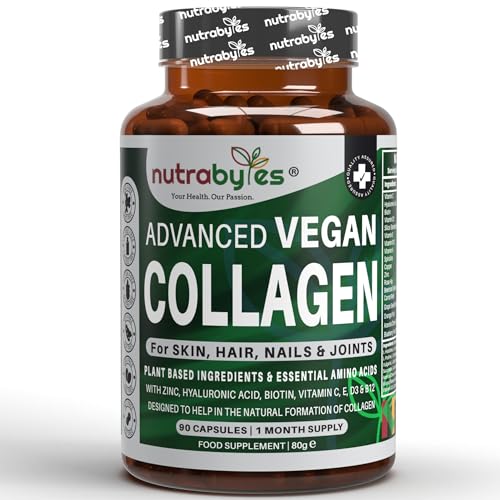 Vegan Collagen Supplement For Skin, Hair, Nails, Joints & Bones with Hyaluronic Acid, Biotin, Lysine, Bamboo Silica, Zinc, Vitamin C, D3, B12, E NUTRABYTES uk supplements