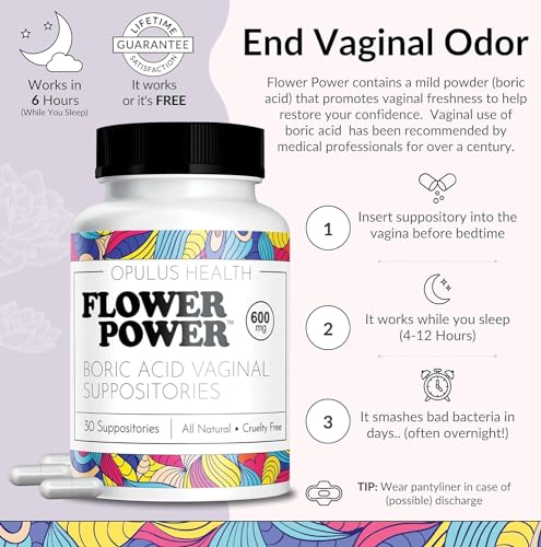 Flower Power Vegan Boric Acid Suppositories - 30 Capsules - 600mg for Vaginal Odor and pH Balance Flower Power uk supplements