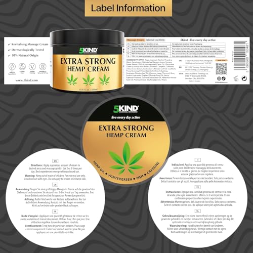 5kind Extra Strong Hemp Cream 6.76 fl oz - Maximum Strength - Natural Topical Cream - Muscle Rub for Lower Back, Joints, Neck, Knees, Shoulders 5kind clinical skincare uk supplements