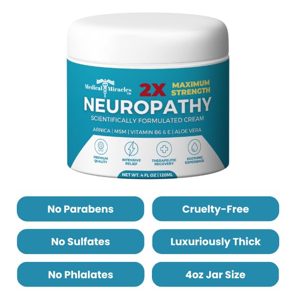 Medical Miracles Neuropathy Cream 2X Strength | Nerve Therapy Max Potency Relief for Feet, Hands, Legs, Toes - Arnica, Vitamin B6, Aloe Vera, MSM - Crafted for Exceptional Relief 4oz Medical Miracles uk supplements