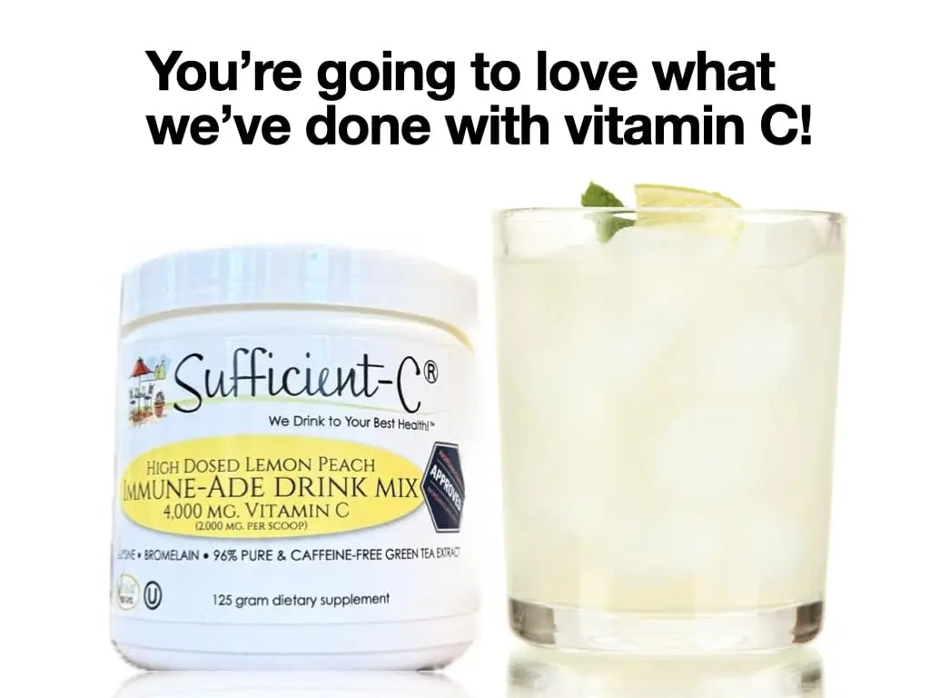Sufficient-C High Dose Non-GMO Vitamin C Lemon Peach Immune-Ade Drink Mix, Convenient 125 Gram Size w/L-lysine, Bromelain & a Premium 96% Pure Green Tea Extract Sufficient-C uk supplements
