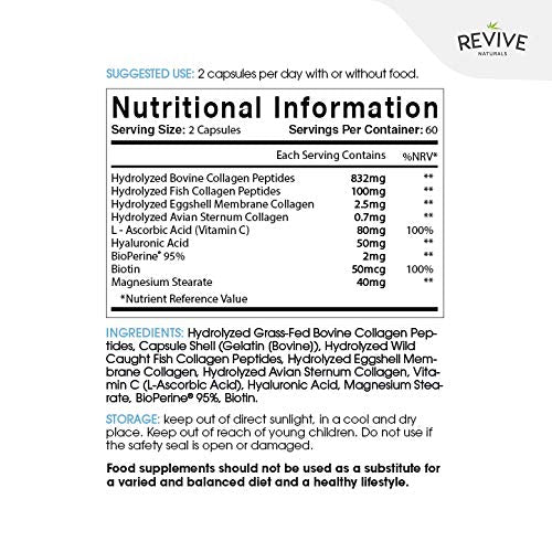 Multi Collagen Protein Capsules - Types I, II, III, V & X - Hydrolysed Grass Fed Bovine, Wild Caught Marine Revive Naturals uk supplements