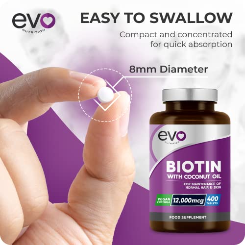 Biotin Hair Growth Supplement 12,000mcg with Coconut Oil | 400 High Strength Tablets EVO NUTRITION uk supplements
