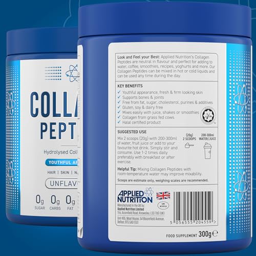 Applied Nutrition Collagen Peptides Powder - Hydrolysed Bovine Collagen Protein, Halal, Healthy Skin, Hair, Nails (Unflavoured) (300g - 15 Servings) Applied Nutrition uk supplements