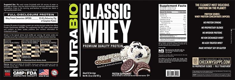 NutraBio Classic Whey Protein Powder- 25G of Protein Per Scoop - Ice Cream Cookie NutraBio uk supplements