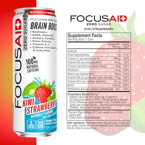 FOCUSAID ZERO SUGAR Nootropics Blend, Alpha-GPC, GABA, 100mg Natural Caffeine from Green Tea, Yerba Mate, Vitamin B-Complex, Keto-Friendly, No Artificial Sweeteners, 12 Fl Oz (Pack of 12) LIFEAID uk supplements