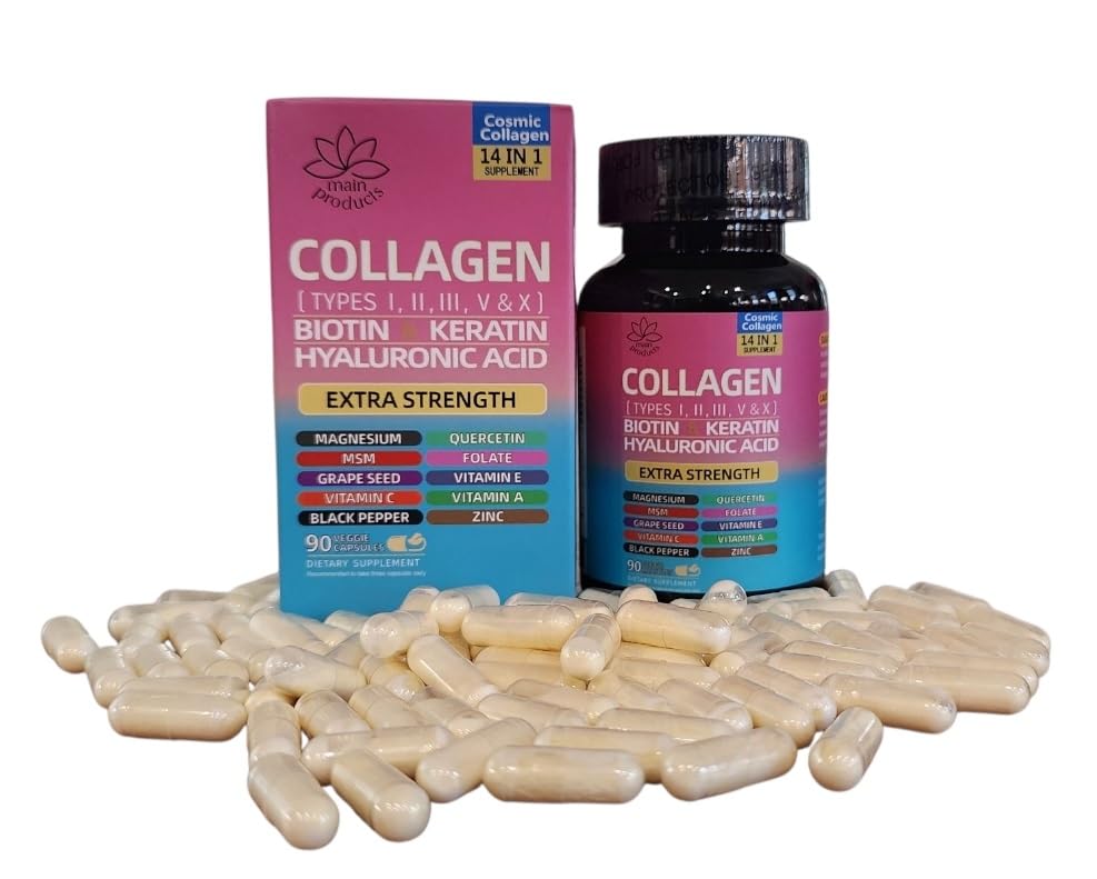 Collagen Peptides Types I, II, III, V & X, 64000 MCG, 14 in 1, Biotin, Keratin, Hyaluronic Acid, Magnesium, MSM, Grape Seed, Vitamin A C & E, Black Pepper, Quercetin, Folate, Zinc (90 Veggie Caps) Main Products uk supplements
