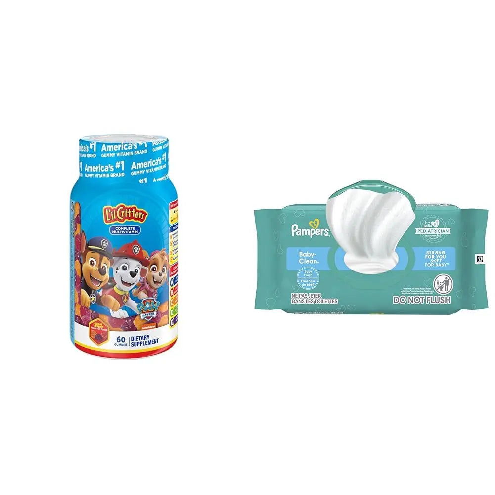 L'il Critters Paw Patrol Gummy Vites Daily Gummy Multivitamin for Kids, 60 Gummies and Pampers Baby Clean Wipes, 1 Flip-Top Pack (72 Wipes) Lil Critters uk supplements