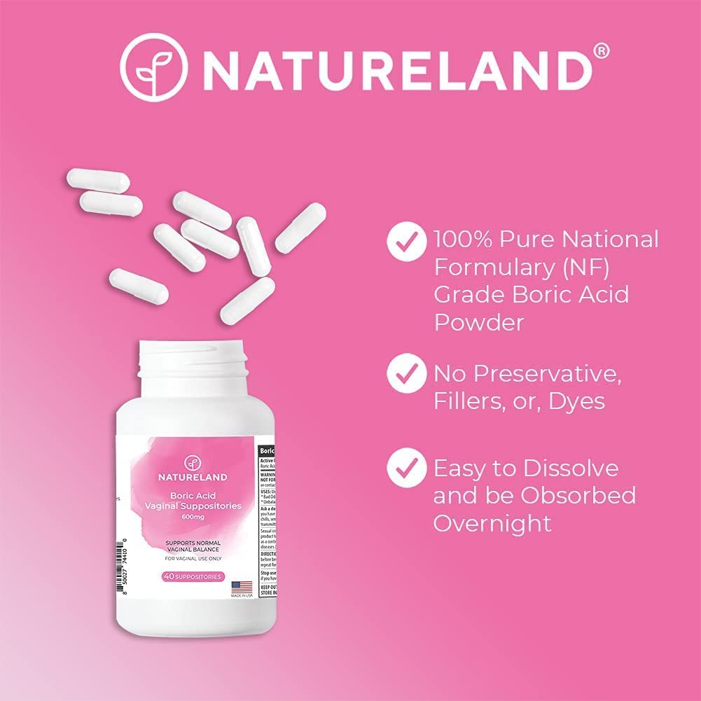 Natureland [40 Count Boric Acid Suppositories 600mg w/ [10 Pack] Vaginal Applicator - Feminine Care Natureland uk supplements