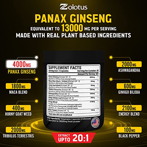 Premium Panax Ginseng 14 in 1, 13X Potency, High Strength Capsules with Horny Goat Weed Zolotus uk supplements