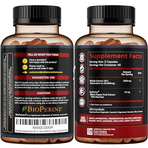 Pure Himalayan Shilajit Capsules Supplement (60,000mg+ Absorption Enhancer+50% Rainbow Nutrients, LLC uk supplements