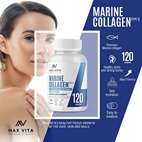 Marine Collagen Type 1 2400mg - 120 Capsules Supplement with Hyaluronic Acid and Vitamin C MAX VITA MAXIMUM VITALITY uk supplements