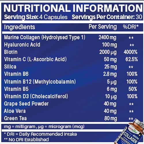 High Strength Marine Collagen 2400mg with Hyaluronic Acid 100mg, Biotin, Vitamin C, D3, B12 and Silica NUTRABYTES uk supplements