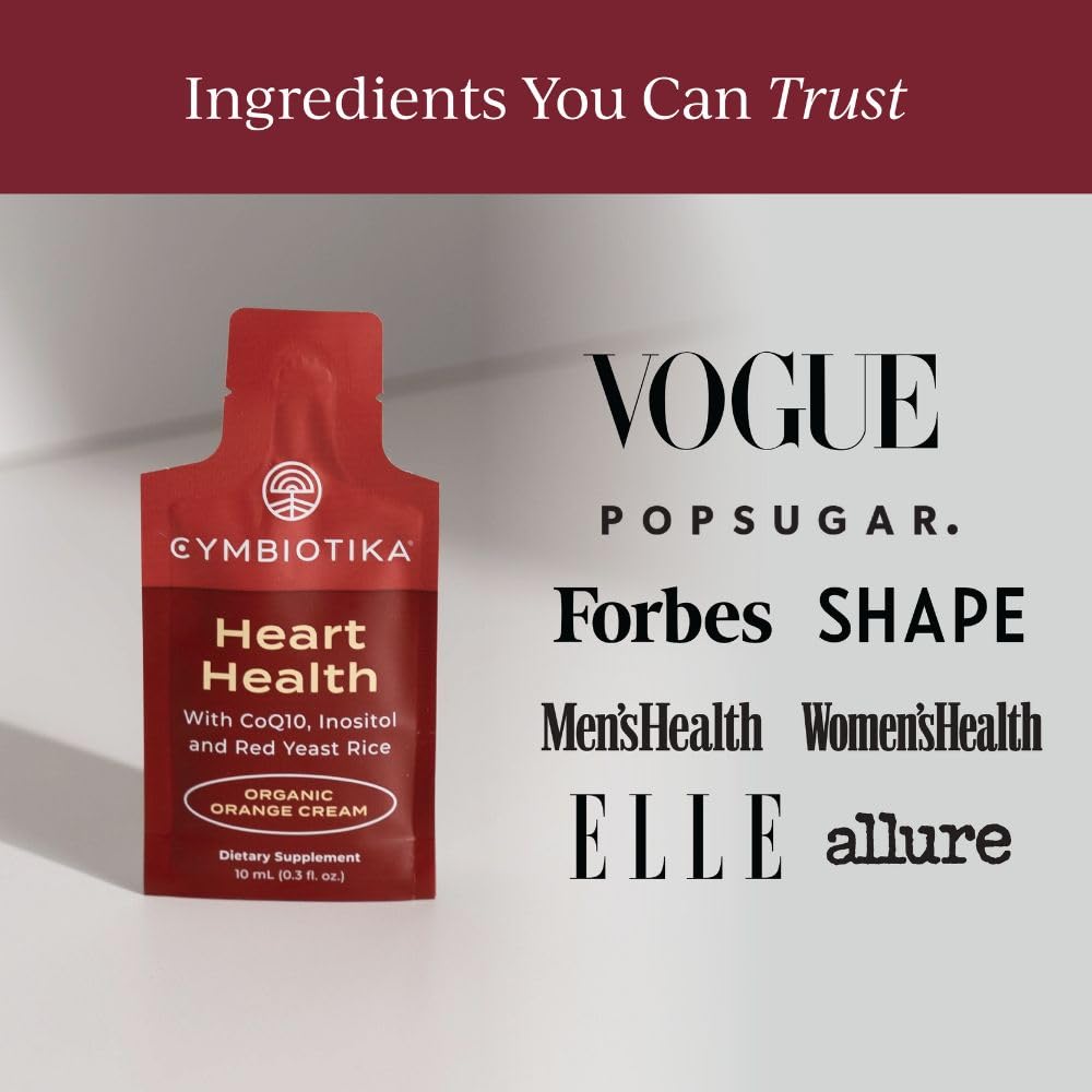 CYMBIOTIKA Heart Health Supplement with CoQ10, Red Yeast Rice & Inositol, Gluten Free Supplements to Support Circulation & Aging, Organic Orange Cream Flavor, 30 Pack CYMBIOTIKA uk supplements