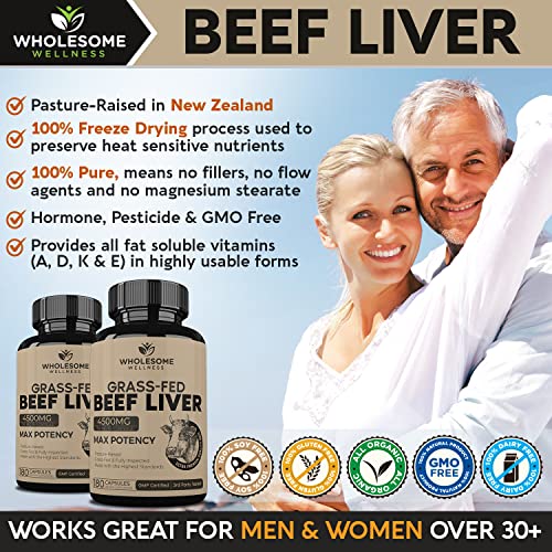 Grass Fed Desiccated Beef Liver Capsules (180 Pills, 750mg Each) - Natural Iron, Vitamin A Wholesome Wellness uk supplements