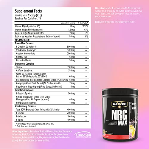 Maxler NRG MAX Pre Workout Powder with Taurine, L Citrulline Malate, Beta Alanine Creatine Maxler uk supplements