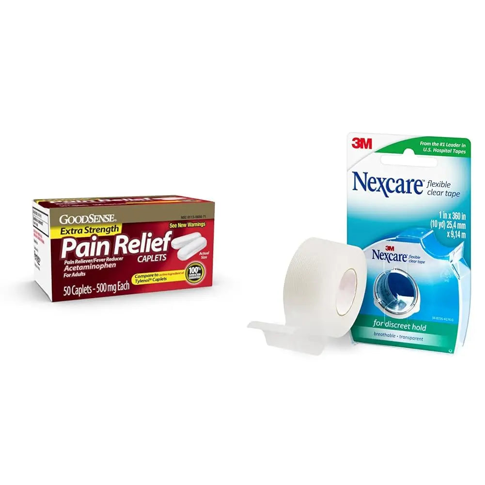 GoodSense Extra Strength 500mg Acetaminophen Caplets 50 Count & Nexcare Flexible Clear 1 Inch x 10 Yard Waterproof Transparent Tape 1 Roll GoodSense uk supplements