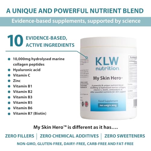 Marine Collagen Powder 10,000mg - with Vitamin C, Zinc, Biotin, Hyaluronic Acid - No fillers, sweeteners or additives KLW Nutrition uk supplements
