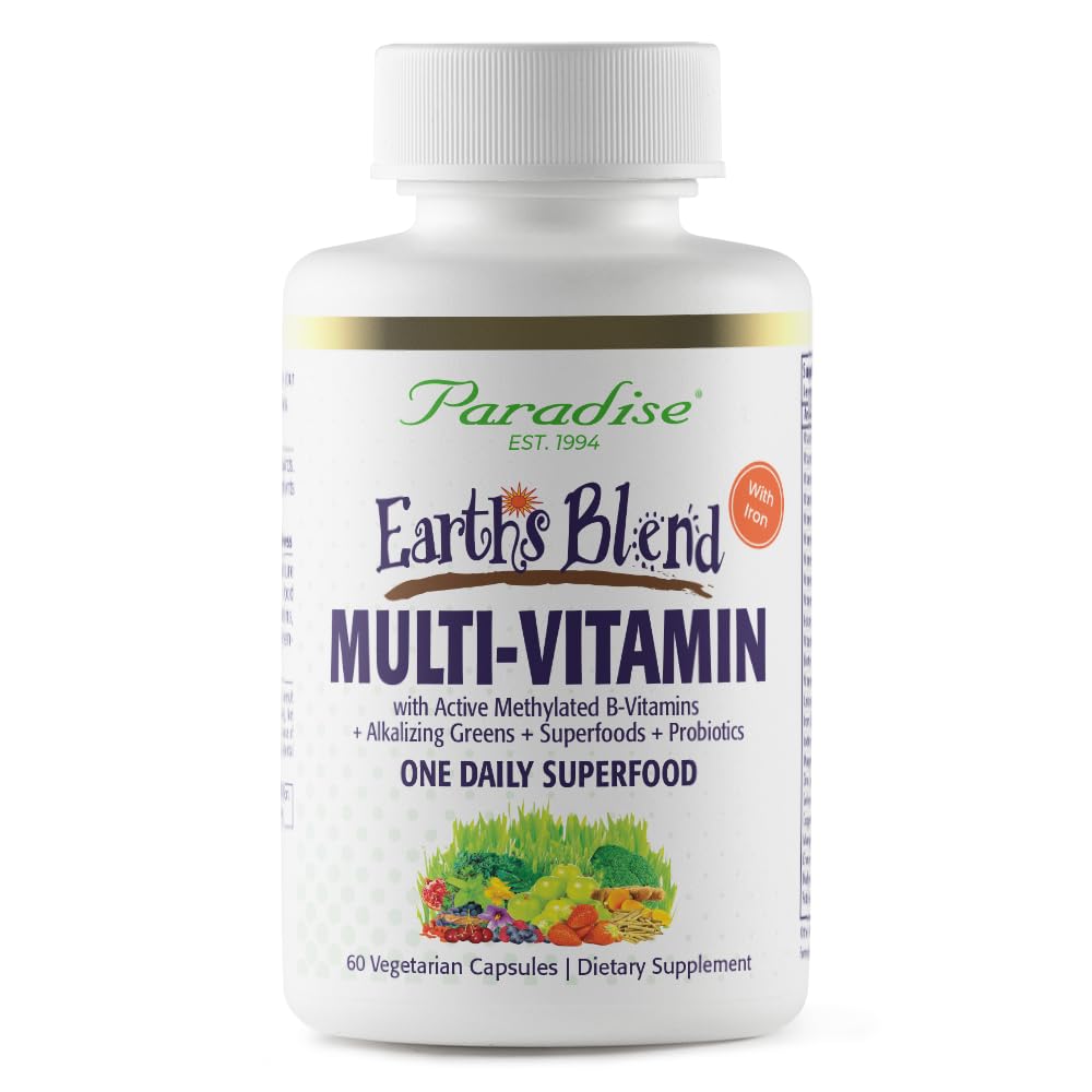 Paradise Herbs Earth's Blend Once Daily Multivitamin with Iron, 48 Organic Superfoods, Probiotics, Antioxidants, Vitamins A, B12, C, D, K2, 60 Capsules Paradise Herbs uk supplements
