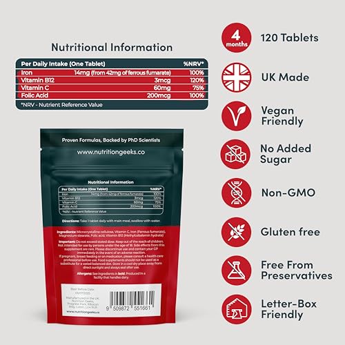 Iron Tablets High Strength Tablets with Vitamin C, B12 & Folic Acid - 120 Vegan Supplement Nutrition Geeks uk supplements