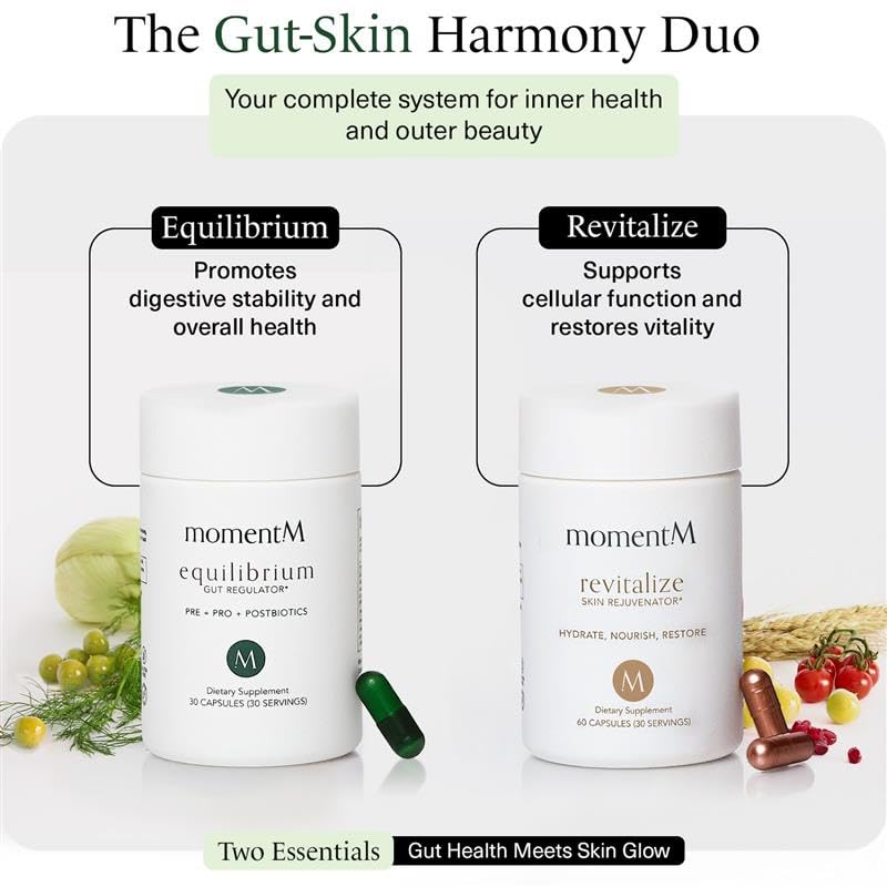 momentM Equilibrium 3-in-1 Probiotics for Women & Men Digestive Health, Prebiotics and Probiotics for Women with HOWARU Strains, Postbiotics & Fennel for Bloat & Gut Health,12.5B CFU, 30 Capsules momentM uk supplements