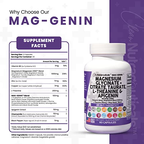 Magnesium Glycinate Complex 1000mg with L-Theanine 200mg Apigenin 50mg Citrate Taurate Supplement - 5-HTP GABA Passion Flower Lemon Balm L-Glycine Phosphatidylserine Ashwagandha - USA Made Clean Nutra Clean Nutraceuticals uk supplements