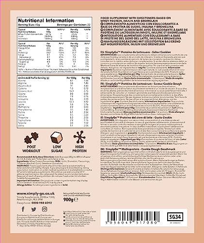 SimplyGo Whey Protein Powder | 900g | Simply Add 30g to Water, Juice or Shakes (Cookie Dough) Simply Supplements uk supplements