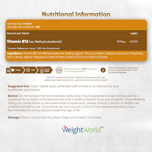 Vitamin B12 Tablets High Strength – 1000mcg Vegan B12 Supplement – 450 Pure Methylcob WeightWorld uk supplements