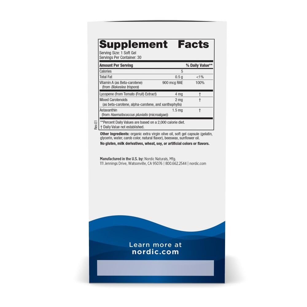 Nordic Naturals Vitamin A + Carotenoids, Unflavored - 30 Soft Gels - Lycopene & Astaxanthin - Supports Skin, Cellular Health - Non-GMO - 30 Servings Nordic Naturals uk supplements