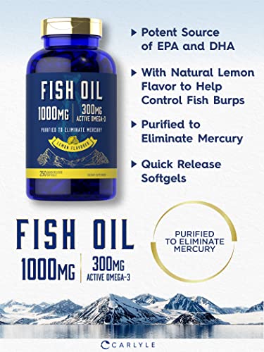 Fish Oil 1000mg | 300mg Omega 3 | 250 Count | Non-GMO and Gluten Free Supplement Carlyle uk supplements