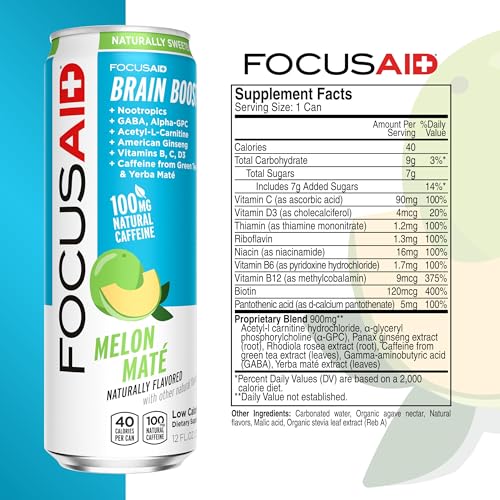 FOCUSAID Energy Blend, Brain Boosting Nootropics Drink, Alpha-GPC, GABA, B-Complex, Yerba Mate, Green Tea, 100% Clean, 100mg Natural Caffeine, 12-oz. can, 12 Pack LIFEAID uk supplements