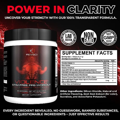 VIOLENCE Stim Free Pre Workout Powder by REVSCI, Precision Dosed Non Stim Preworkout Revolution Science uk supplements