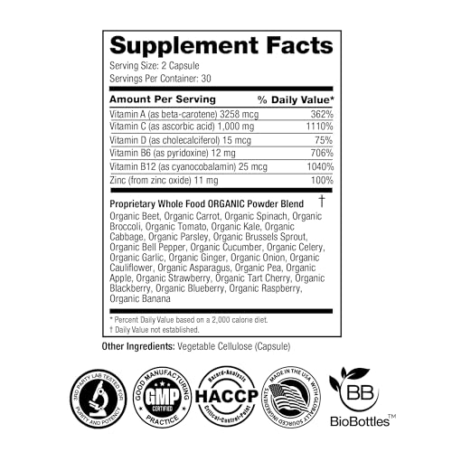 FeelGood Superfoods 1000mg Immune Support Capsules Made with 25 Organic Fruits and Vegetables, Strong Immunity Boosters with Vitamins A, C, D3, and Zinc, 60 Count FeelGood Superfoods uk supplements