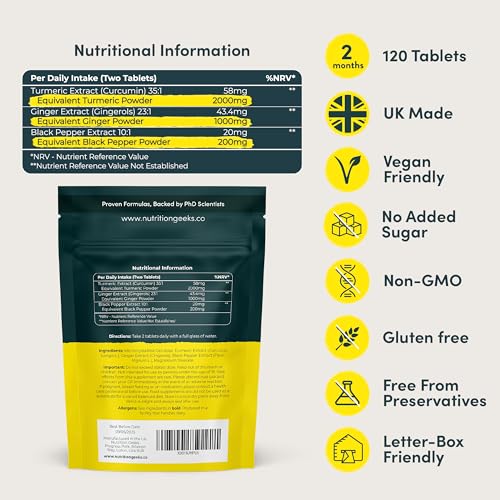 Nutrition Geeks Turmeric Tablets 2000 mg with Black Pepper & Ginger, High Strength Nutrition Geeks uk supplements