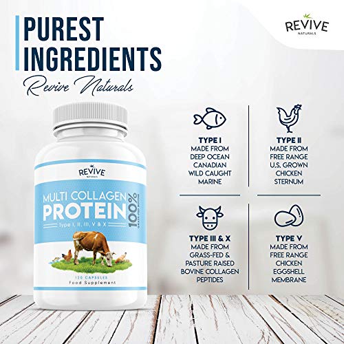 Multi Collagen Protein Capsules - Types I, II, III, V & X - Hydrolysed Grass Fed Bovine, Wild Caught Marine Revive Naturals uk supplements