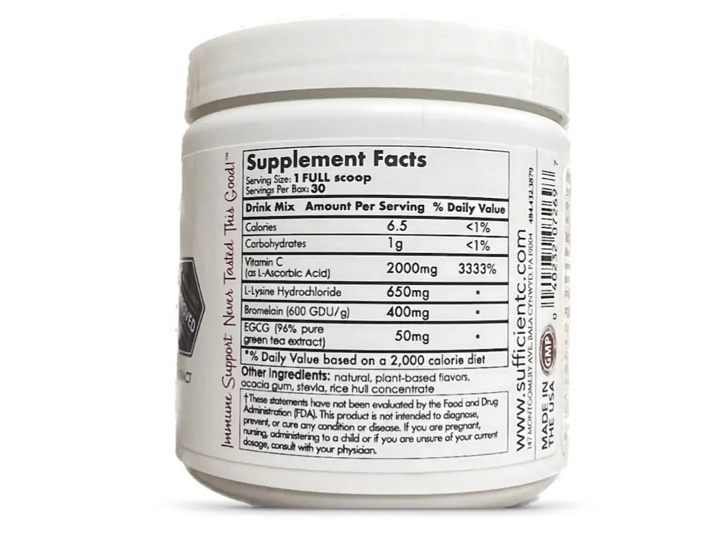 Sufficient-C High Dose Non-GMO Vitamin C Lemon Peach Immune-Ade Drink Mix, Convenient 125 Gram Size w/L-lysine, Bromelain & a Premium 96% Pure Green Tea Extract Sufficient-C uk supplements