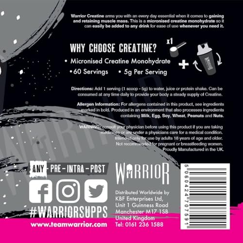 Warrior Creatine Monohydrate Powder – 300g – Micronised for Easy Mixing and Consumpti Warrior uk supplements
