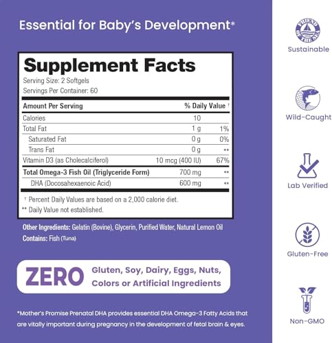 Prenatal DHA for Women 600mg + 400 IU Vitamin D3 | 120 Softgels | Supports Brain Health | Triglyceride Omega 3 Fish Oil DHA Prenatal Vitamins for Pregnancy & Nursing | 300mg per Capsule Mother's Promise uk supplements