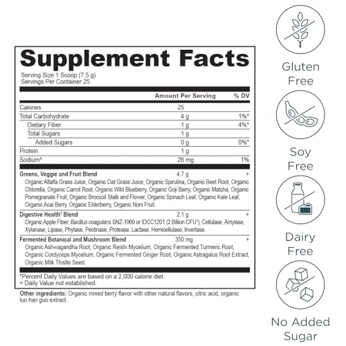 Ancient Nutrition SuperGreens Powder with Probiotics, Organic Berry Flavor Greens, Made from Real Fruits, Vegetables and Herbs, Digestive and Energy Support, 25 Servings, 6.7oz Ancient Nutrition uk supplements