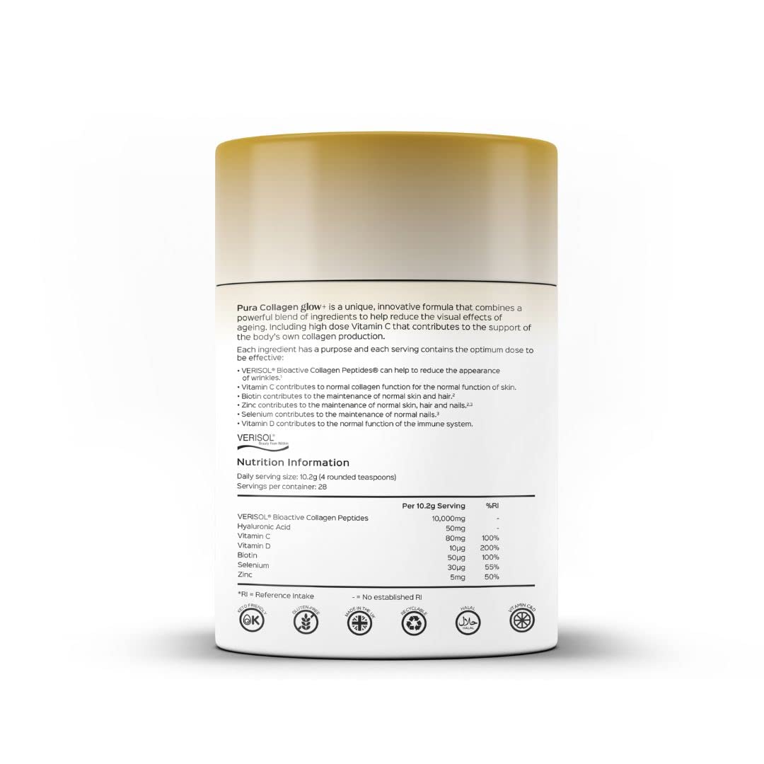 Pura Collagen Powdered Supplement Glow+, 10,000mg Hydrolysed Peptides, Hyaluronic Acid, Vitamins & Minerals, 28 Servings, 284 g Pura Collagen uk supplements