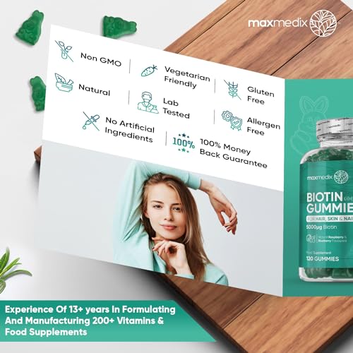 Biotin Gummies 5000mcg - with Vitamin A, B, C, D, E & Selenium – 120 Hair Nails and Skin maxmedix uk supplements