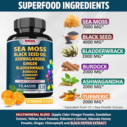 Sea Moss Black Seed Oil Ashwagandha Ginger - Multimineral Sea Moss Capsules MDA Supplements uk supplements