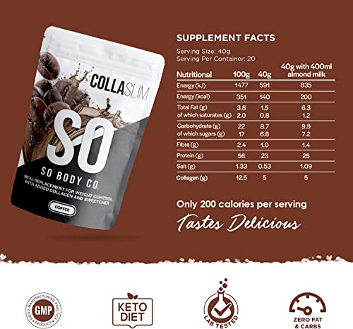 CollaSlim, Meal Replacement Shake with Added Collagen, Vitamins and Minerals, 800g, Balanced Meal Shake, Healthy Shake, Coffee Diet Shake. So Body Co uk supplements