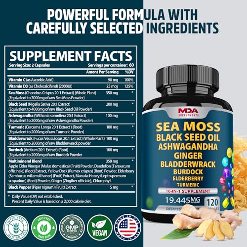 Sea Moss Black Seed Oil Ashwagandha Ginger - Multimineral Sea Moss Capsules MDA Supplements uk supplements