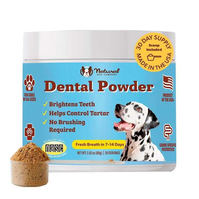 Natural Dog Company Dental Powder for Dogs – Freshens Breath & Helps Reduce Plaque & Tartar, Natural No-Brushing Canine Oral Health Postbiotic Supplement, Vet Formulated, Made in USA, 30-Day Supply Natural Dog Company uk supplements