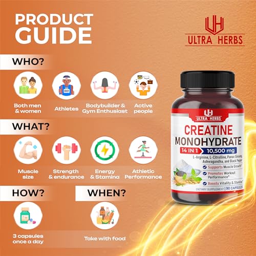 Ultra Creatine Pills Muscle Growth 9800mg Creatine Monohydrate Capsules w Ginseng ULTRA HERBS uk supplements