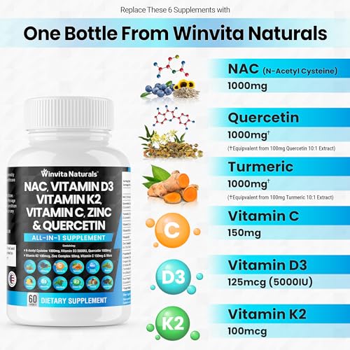 NAC Supplement N-Acetyl Cysteine 1000mg Vitamin C Vitamin D3 K2, Zinc, Turmeric Curcumin Winvita Naturals uk supplements