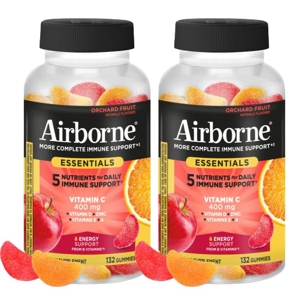 Airborne 400mg Vitamin C Gummies for Adults & Children, Immune Essentials Daily Immune Support Supplement with Vitamins C & E - Orchard Fruit Flavor, 132 Gummies (Pack of 2) Airborne uk supplements